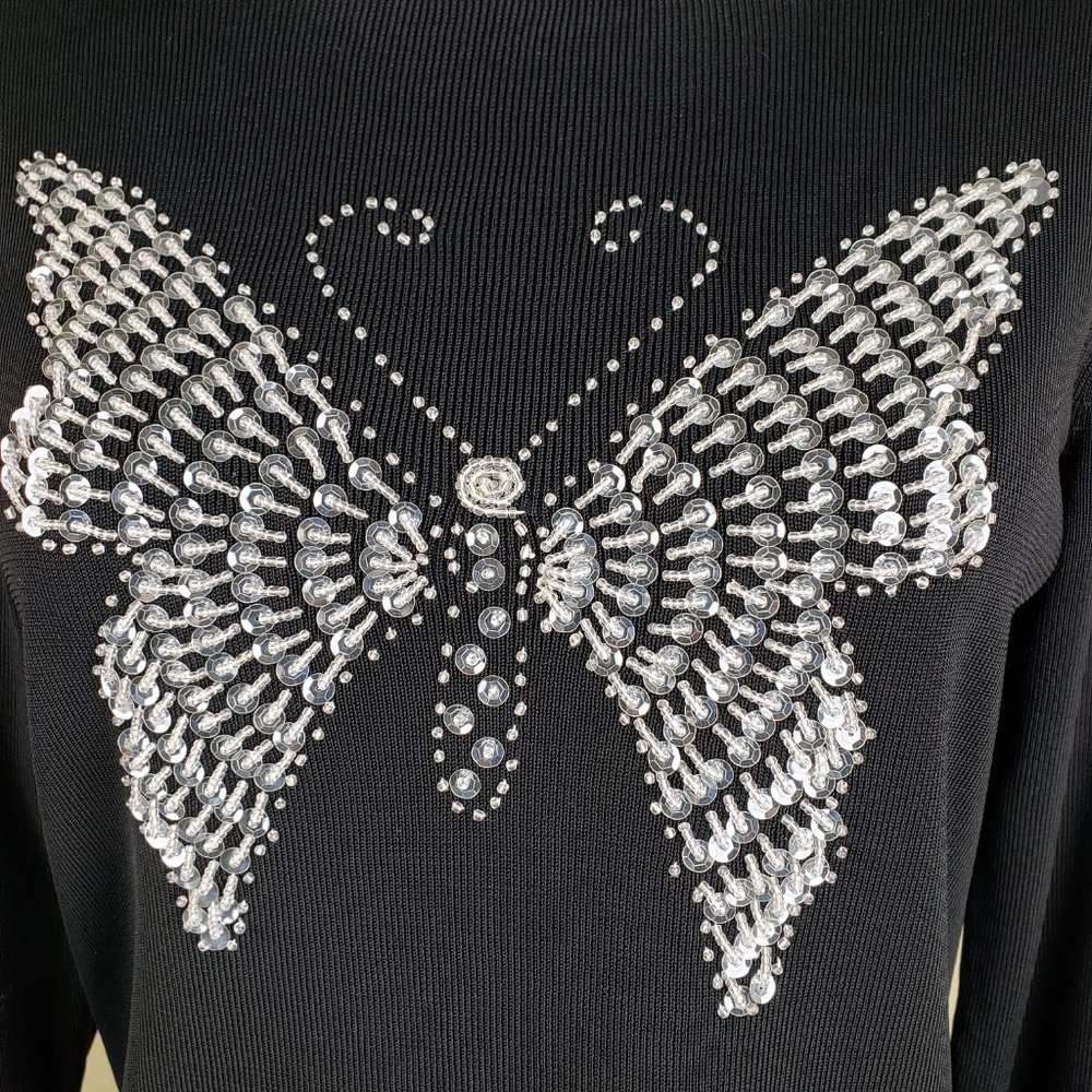 Lucia Burns Butterfly Tee Black Beaded Sequins Fitted Knit Top Large, Fits Med - Picture 2 of 8